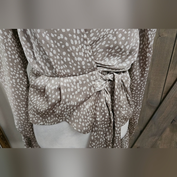 EXPRESS Satin Polka Dot Print V Neck Puff Sleeve Wrap Tie Blouse.Taupe/white.XS - Picture 12 of 13